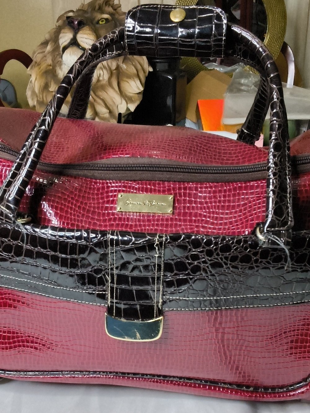 Two-Tone Faux Croc Travel Satchel in Burgundy and Black